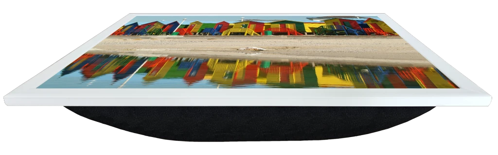 Front perspective view of a Lapzadazy Lap Tray with a picture of Beach Huts in Muizenberg