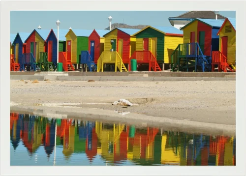 Top view of a Lapzadazy Lap Tray with a picture of beach huts in Muizenberg