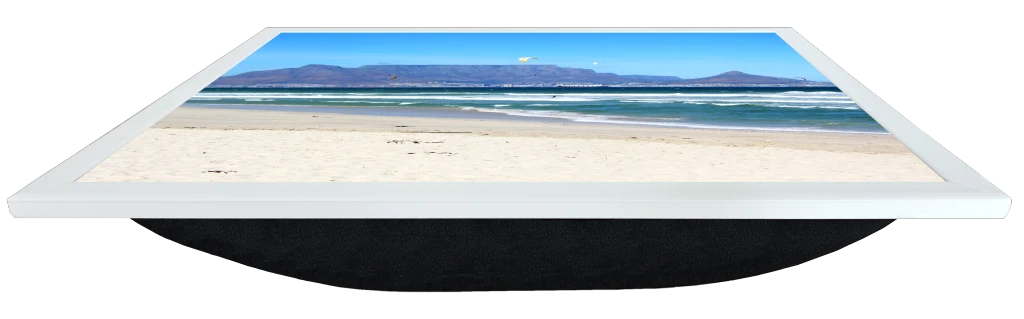 Front perspective view of a Lapzadazy Lap Tray with a picture of a windsurfer at Blouberg beach