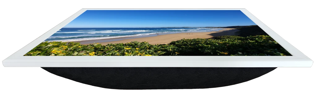 Front perspective view of a Lapzadazy Lap Tray with a picture of Brenton-on-Sea