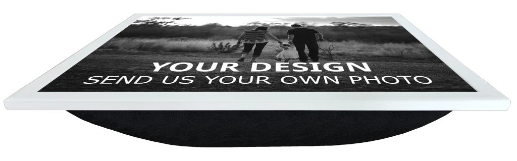 Front perspective view of a Lapzadazy Lap Tray with a picture of a family as a template for a custom image