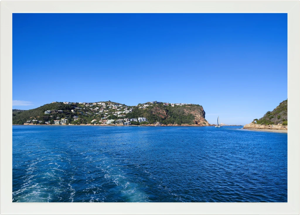 Top view of a Lapzadazy Lap Tray with a picture of Knysna Heads