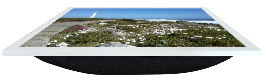Front perspective view of a Lapzadazy Lap Tray with a picture of Slangkop Lighthouse