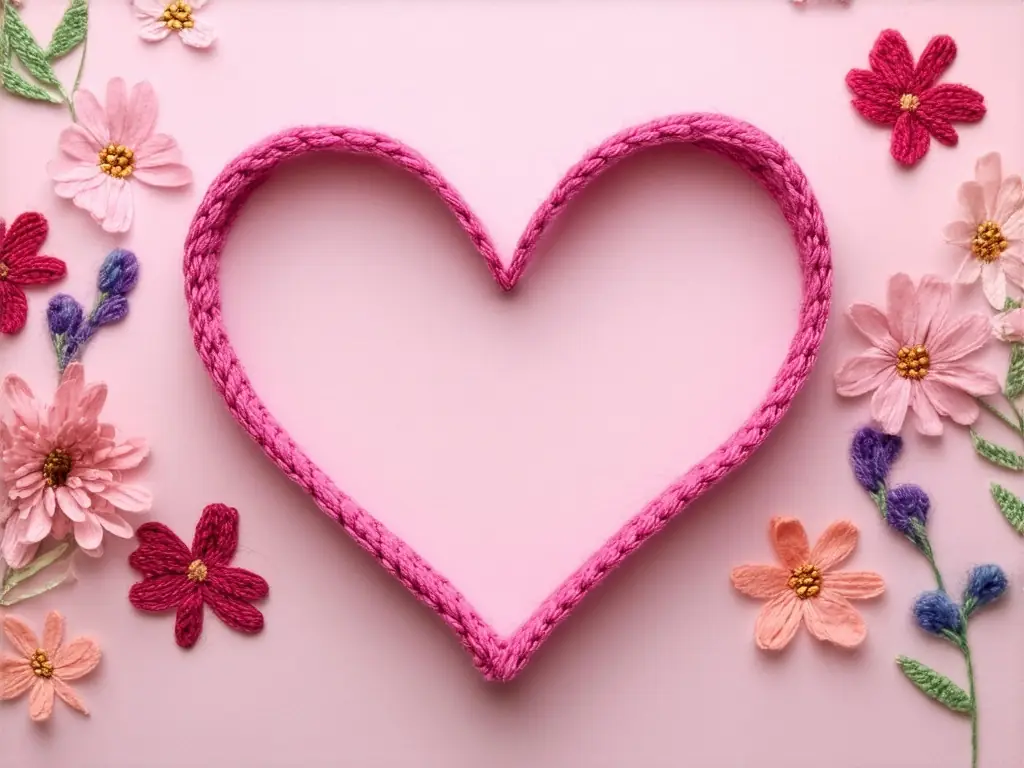 A heart made from pink cord, on a light pink page with cotton flowers decorated on the sides