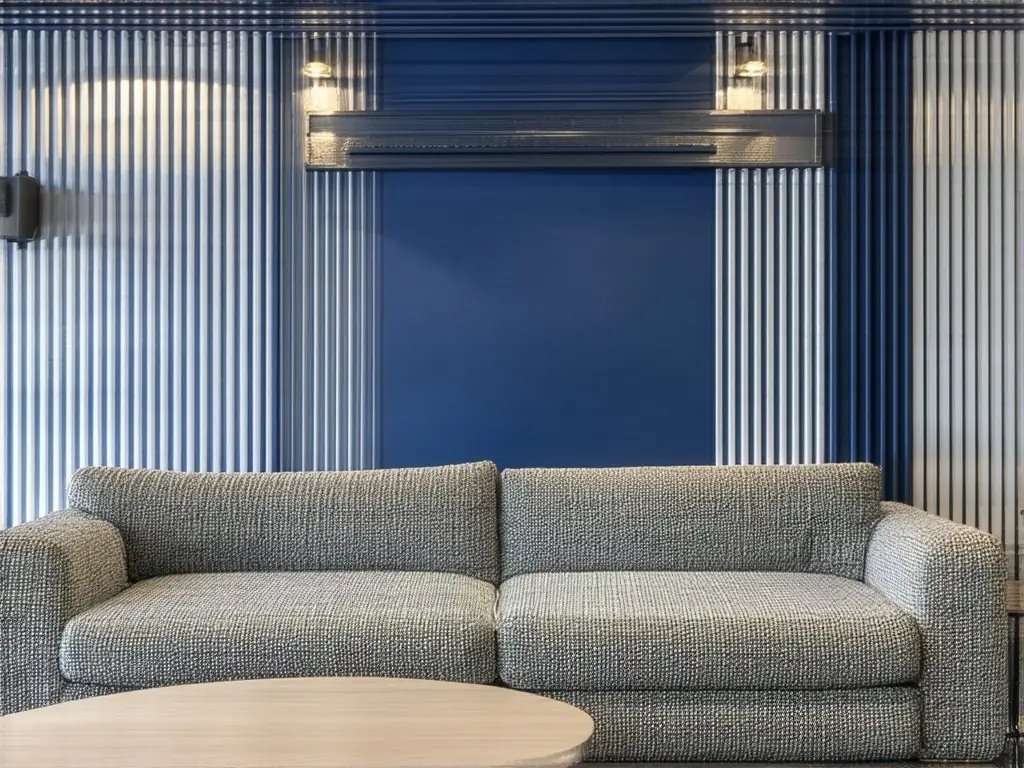 Empty comfortable grey couch against a blue wall
