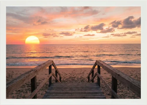 Top view of a Lapzadazy Lap Tray with a picture of a beach boardwalk stepping down onto a beach with a sunset