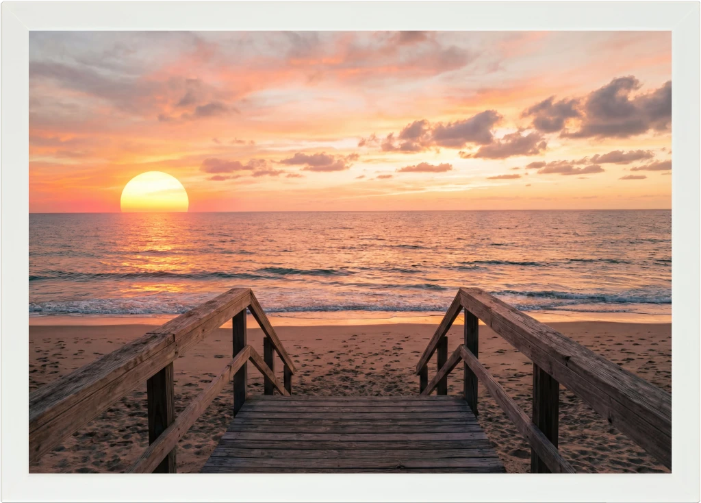 Top view of a Lapzadazy Lap Tray with a picture of a beach boardwalk stepping down onto a beach with a sunset