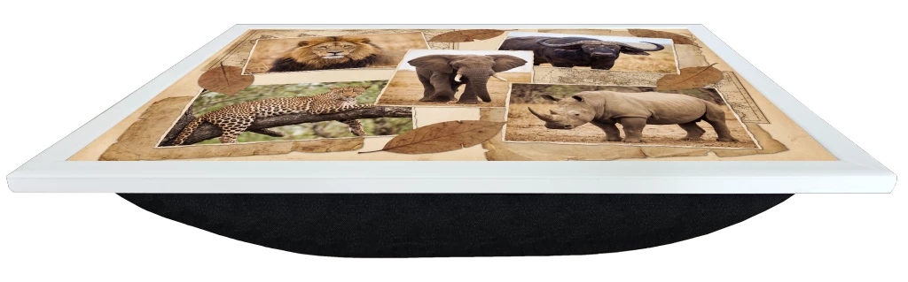 Front perspective view of a Lapzadazy Lap Tray with a collage of big five animals in postcard style