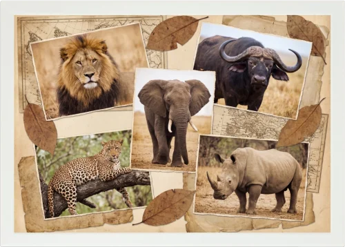 Top view of a Lapzadazy Lap Tray with a collage of big five animals in postcard style